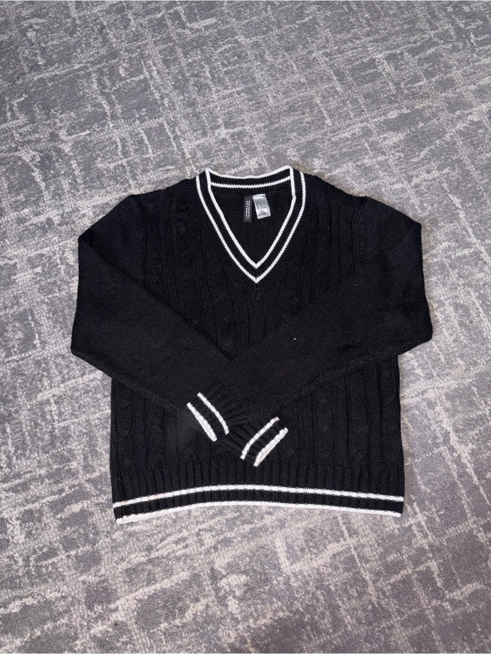 Women's Black V-Neck Cable Knit Sweater with White Trim